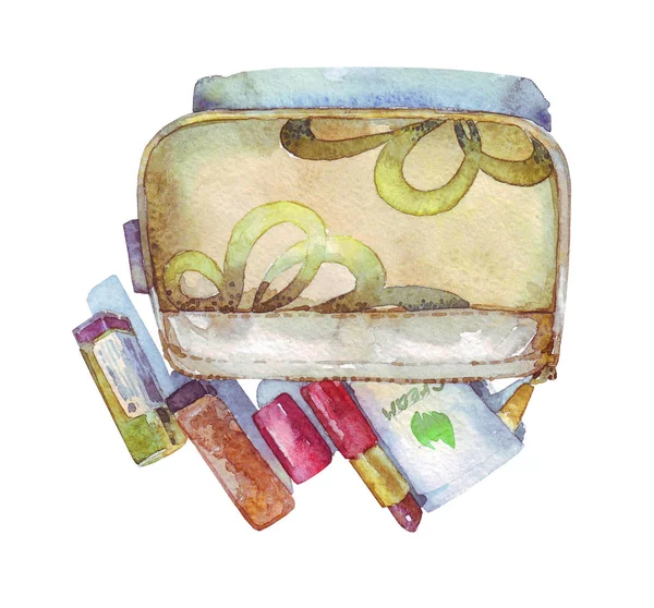 Kozmetikai táska, rúzsok és krém — Stock Fotó