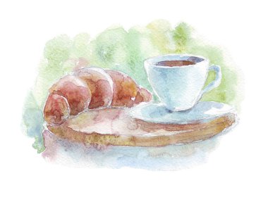 Kahve ve kruvasan plaka üzerinde