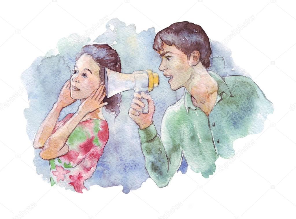 Man Screaming on woman through Megaphone
