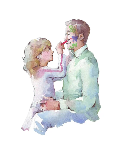 Dcera, malování na obličej otcové — Stock fotografie