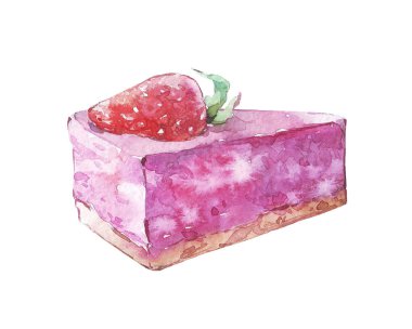 Çilekli pembe bir pastanın parçası.