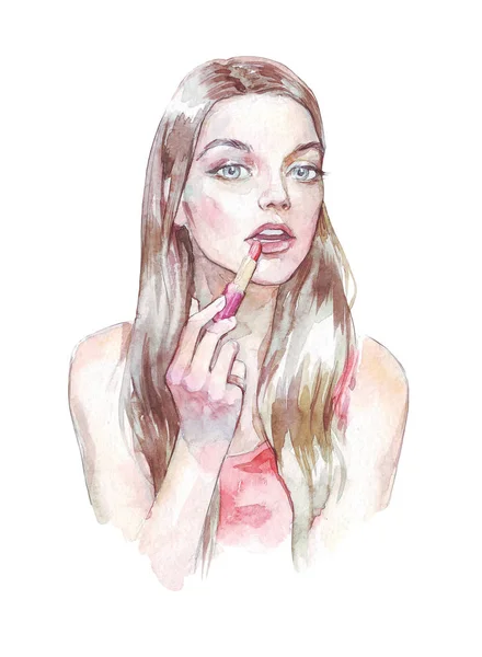 Girl putting on lipstick watercolor art — Stock Photo, Image