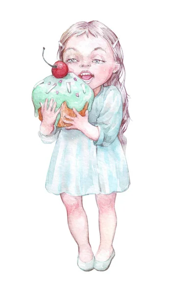 Bambina Con Grande Cupcake Acquerello Arte — Foto Stock