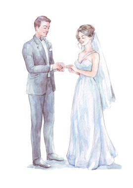 Damat gelininin suluboya parmağına yüzük takıyor.
