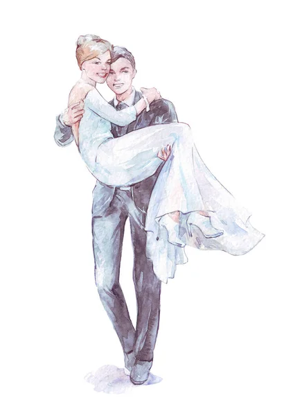 Brudgummen Bär Brud Händer Akvarell Konst — Stockfoto