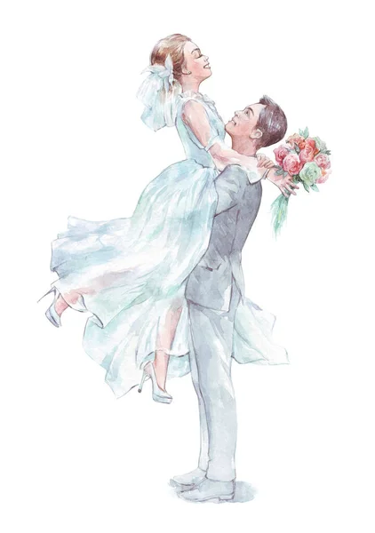 Ženich Nesoucí Nevěstu Rukou Akvarel Umění — Stock fotografie