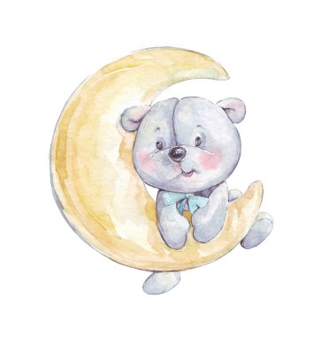 bear toy hanging on the moon watercolor art clipart