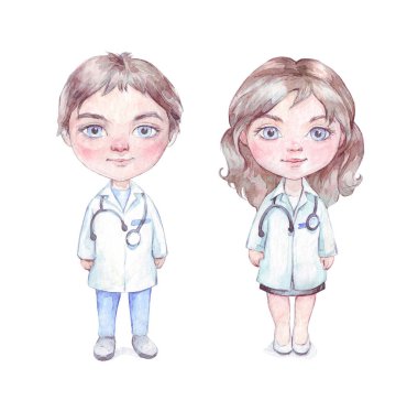 Küçük karikatür doktorları suluboya sanatı izole