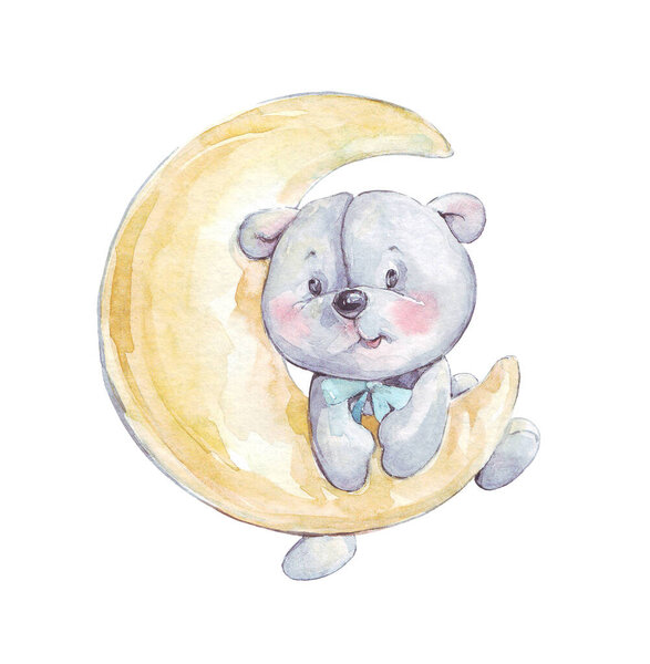 bear toy hanging on the moon watercolor art