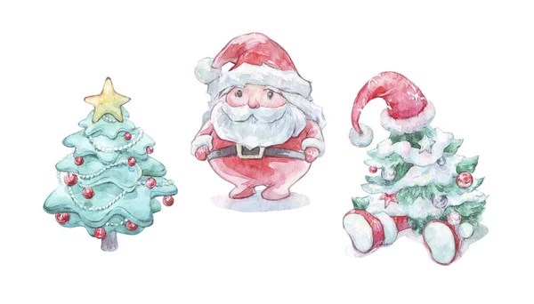 Kreslené Santa Jedle Akvarel Umění — Stock fotografie