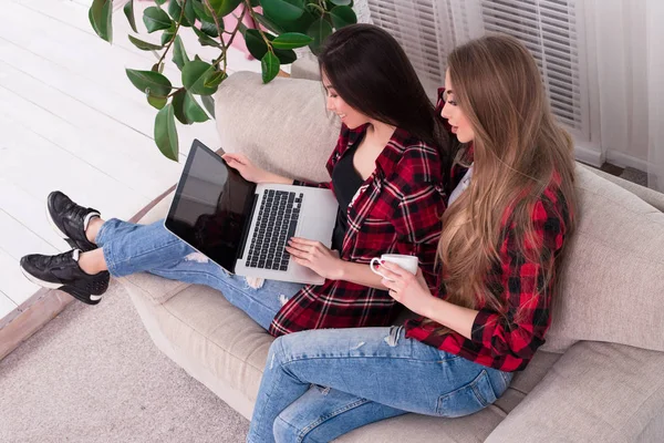 Не теряй! Молодые умные женщины в стильных красных клетчатых рубашках и синих рычагах сидят на диване и смотрят разные фильмы . — стоковое фото