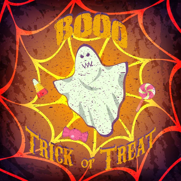 Tarjeta Grunge Halloween o póster con fantasma y caramelos . — Vector de stock