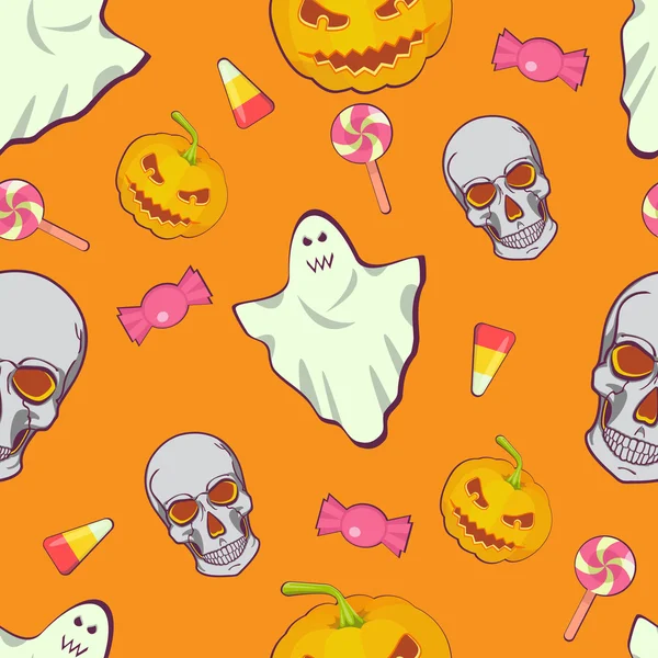 Patrón de dibujos animados para niños brillantes sin costuras de Halloween. Calavera, fantasma, caramelo y calabaza . — Vector de stock