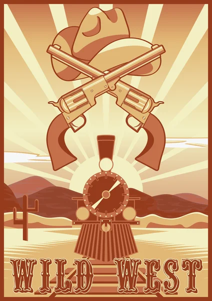 Dziki zachód karciane lub plakat z Pustynny krajobraz, pociąg, pistolety i kapelusz. — Wektor stockowy