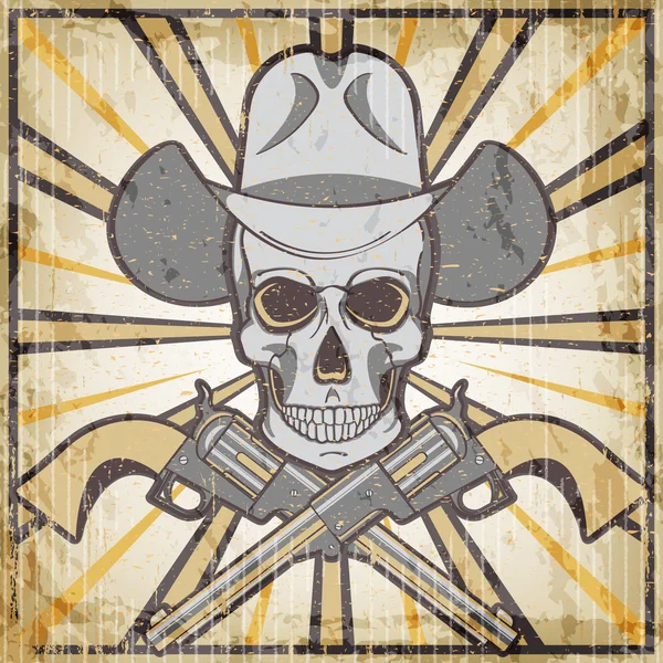 Emblème vintage Wild west grunge avec revolvers et crâne, illustration vectorielle de dessin animé . — Image vectorielle