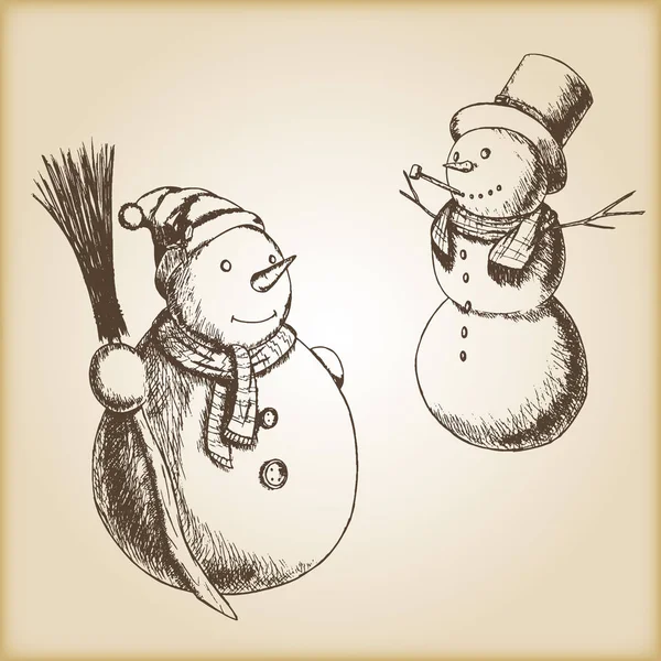 Navidad ilustración vector dibujado a mano - muñeco de nieve, estilo vintage . — Vector de stock