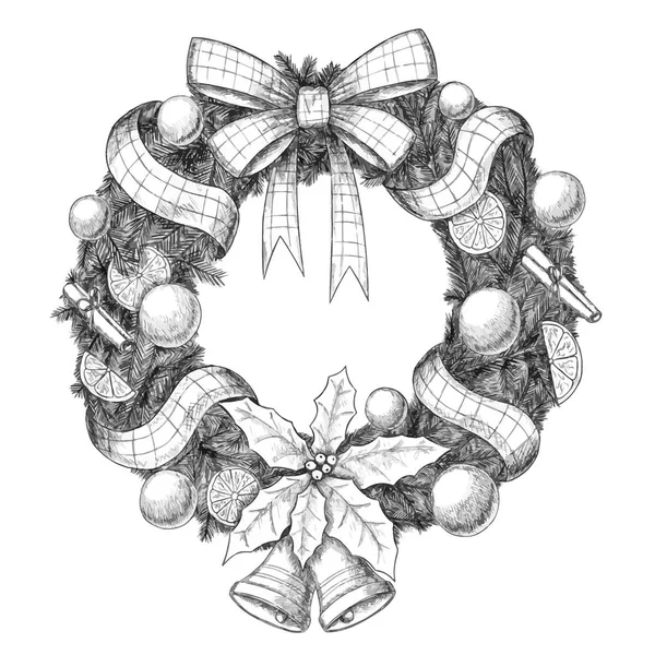 Christmas hand drawn vector illustration - Decorative wreath sketch, vintage style. — Stock Vector