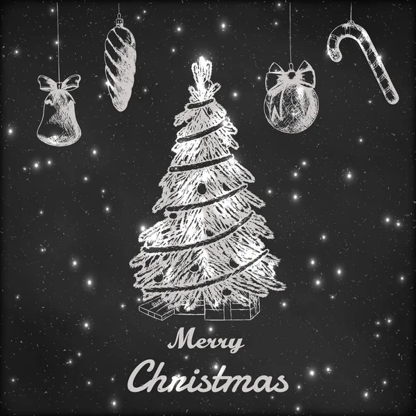 Weihnachten und Neujahr Kreide handgezeichnete Vektorillustration. Weihnachtsbaum mit Ornamenten Skizze, Vintage-Stil. Grunge Tafel Hintergrund. — Stockvektor