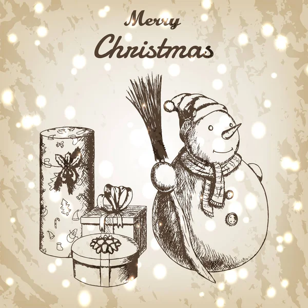 クリスマスや新年の手描きベクトル イラスト。冬の帽子とほうきとギフトのスケッチ、ヴィンテージ風の雪だるま。茶色のグランジ紙の背景. — ストックベクタ