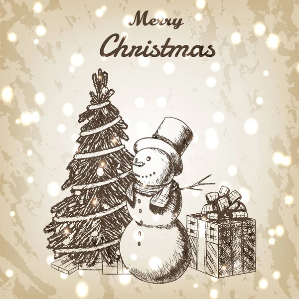 Weihnachten oder Neujahr handgezeichnete Vektor-Illustration. Schneemann mit großem Hut, Weihnachtsbaum und Geschenkkartonskizze im Vintage-Stil. brauner Grunge-Hintergrund. — Stockvektor