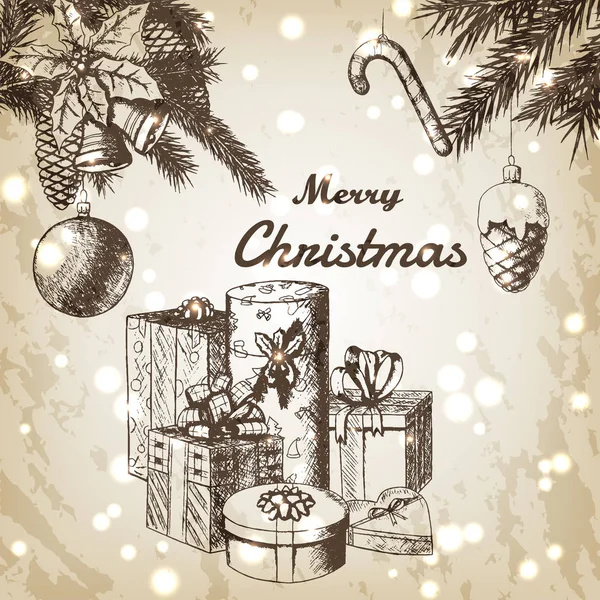 Weihnachten oder Neujahr handgezeichnete Vektor-Illustration. Tannenzweige mit Ornamenten und Geschenkschachteln skizzieren, Vintage-Stil. brauner Grunge-Hintergrund. — Stockvektor