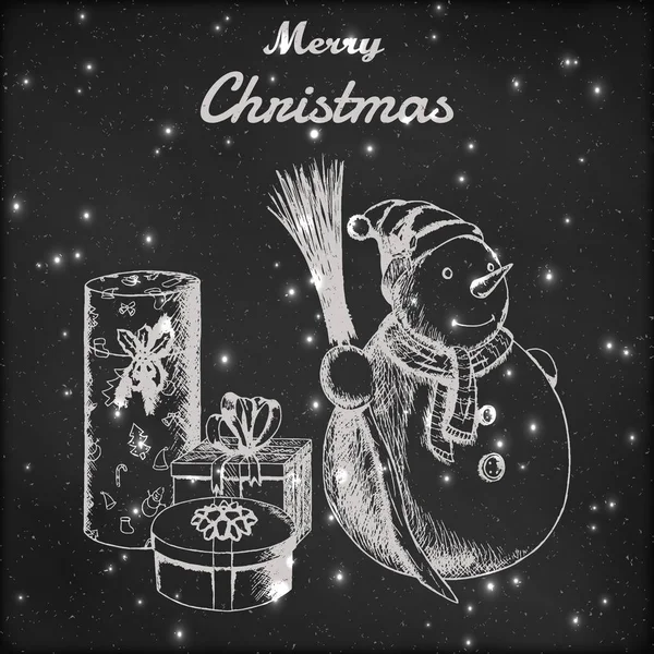 Weihnachten oder Neujahr handgezeichnete Vektor-Illustration. Schneemann mit Wintermütze mit Besen und Geschenkskizze im Vintage-Stil. Grunge Tafel Hintergrund. — Stockvektor