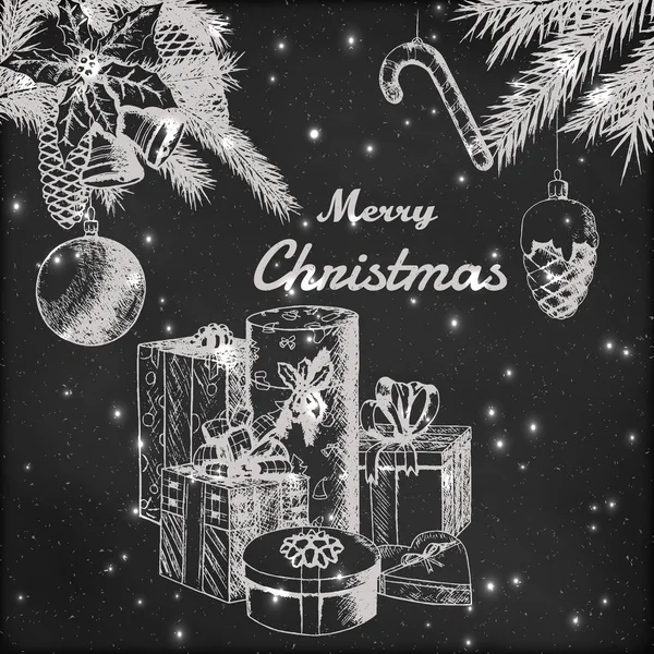 Weihnachten oder Neujahr handgezeichnete Vektor-Illustration. Tannenzweige mit Ornamenten und Geschenkschachteln skizzieren, Vintage-Stil. Grunge Tafel Hintergrund. — Stockvektor