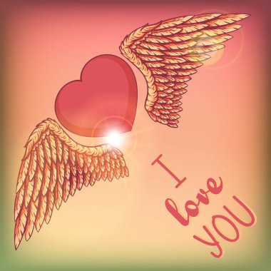 Karikatür tarzı vektör çizim - yaratıcı vintage tee gömlek giyim baskı afiş tasarımı, aşk kalp kanatları, pembe gökyüzü arka plan ile uçan katmanlı.