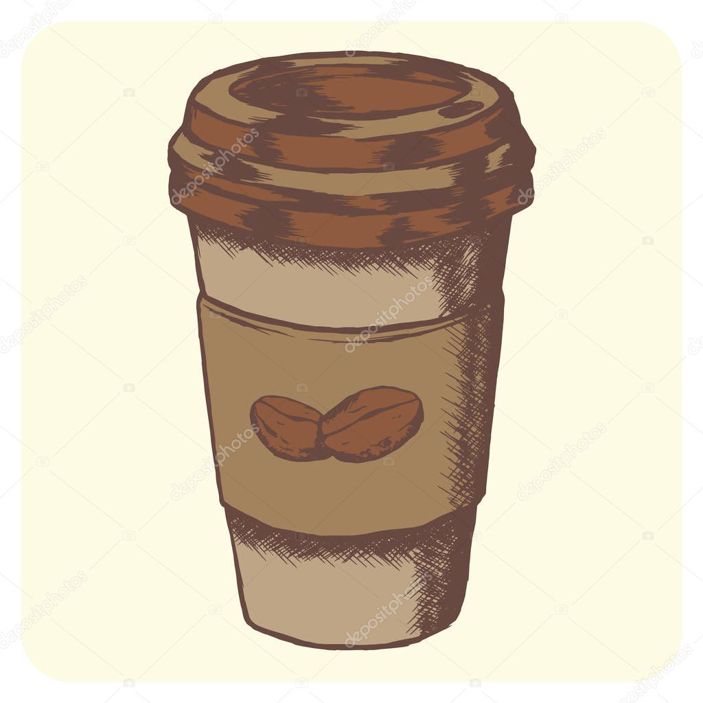 Hand drawn grunge colored vector sketch illustration - creative vintage tee shirt apparel print poster design, Take away coffee paper cup and beans.