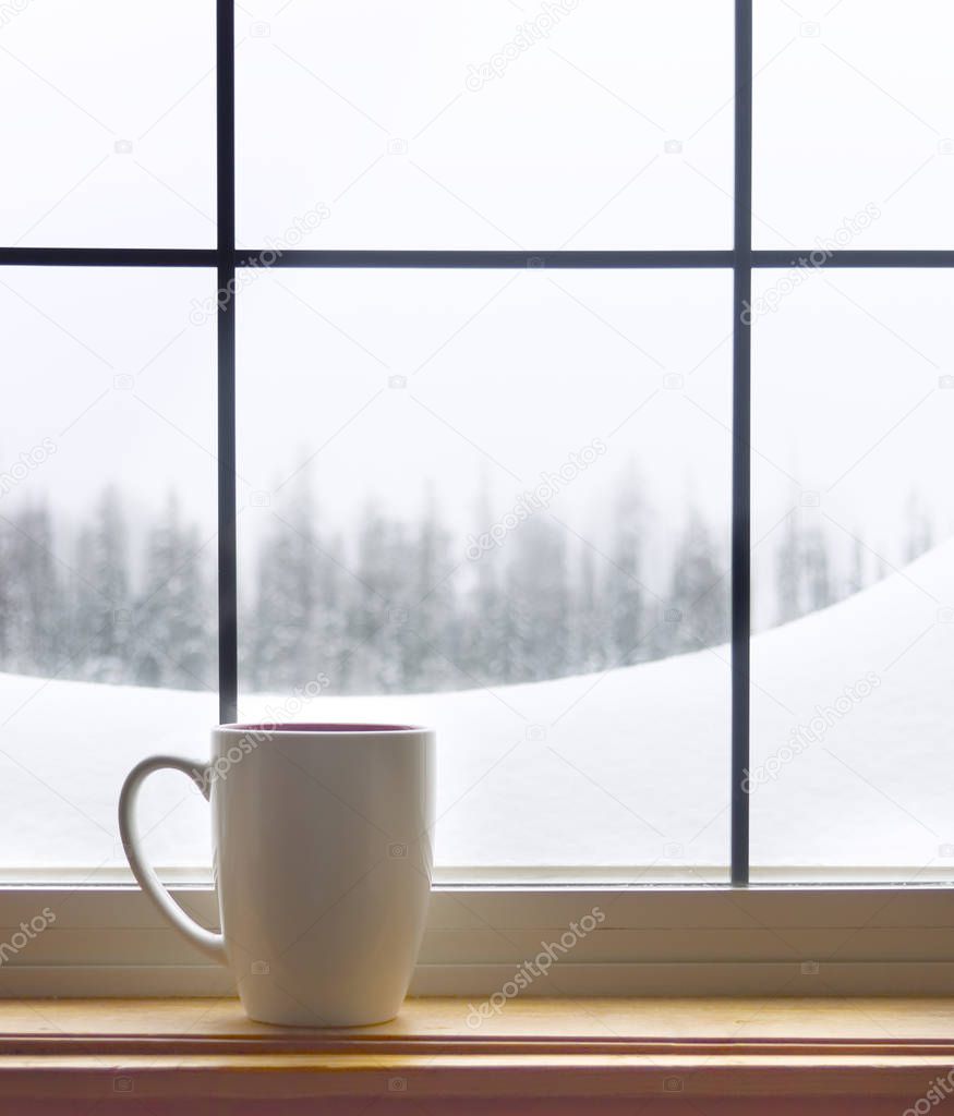 Warm Mug of Coffee on Wooden Windowsill