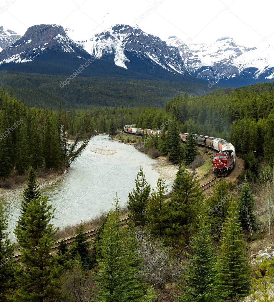 Canadian Pacific Train Traveling through the Rocky Mountains