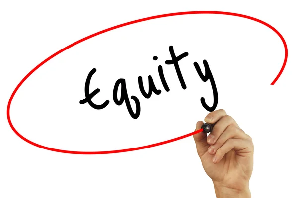 Man Hand writing Equity with black marker on visual screen. Isol — Stock Photo, Image