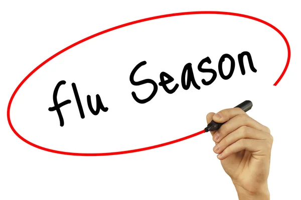 Man Hand writing Flu Season con marcador negro en pantalla visual . —  Fotos de Stock