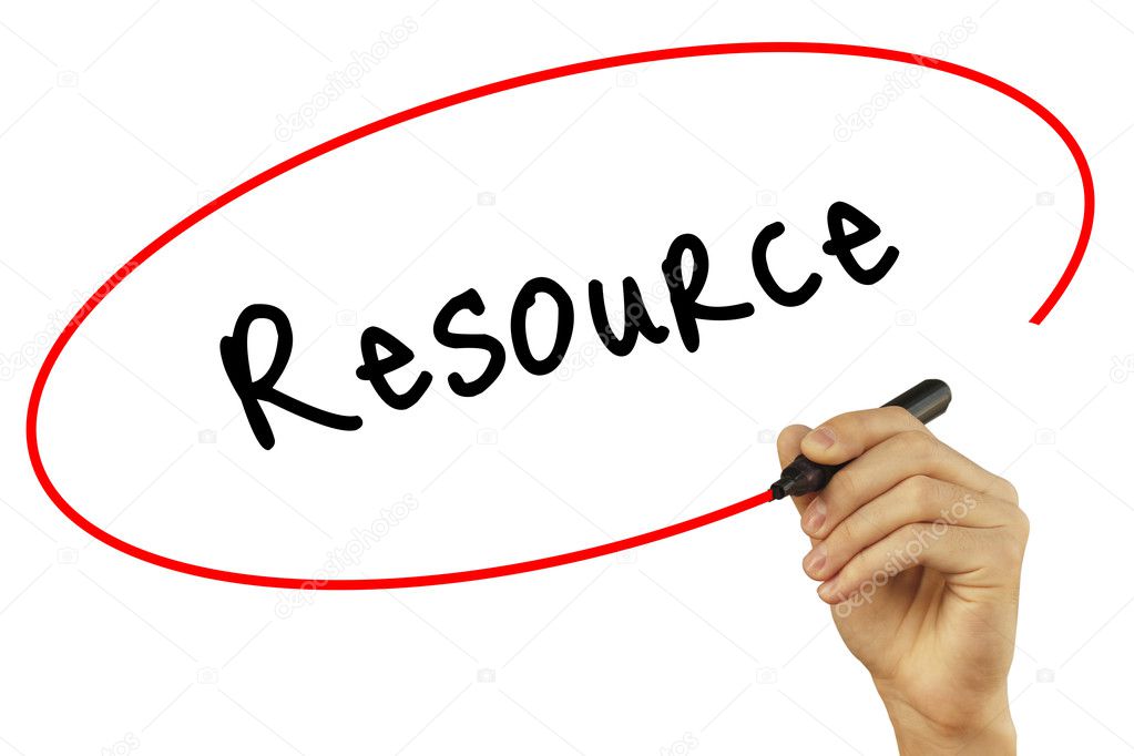 Man Hand writing Resource with black marker on visual screen. Is