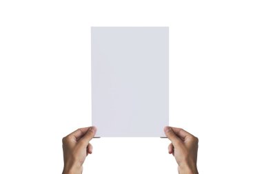 A4 kağıt sol elinde tutan eller. Broşür sunumu. P