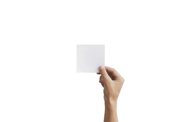 Δεξί χέρι κρατά χαρτί τετράγωνο στο δεξί χέρι. Φυλλάδιο Πρεζ — Φωτογραφία Αρχείου