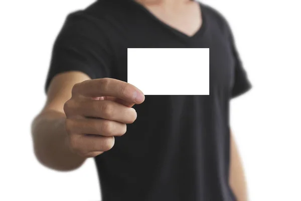 Homem oferecendo cartão branco, isolado sobre fundo cinza — Fotografia de Stock