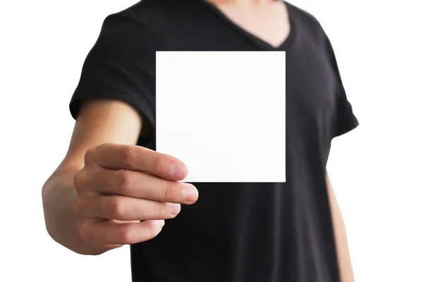 Ο άνθρωπος δείχνει κενό λευκό τετράγωνο flyer φυλλάδιο φυλλαδίου. Φυλλάδιο p — Φωτογραφία Αρχείου