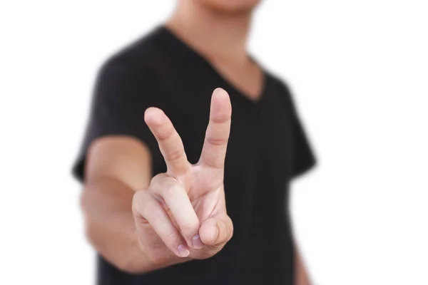 2 本の指または上分離された勝利ジェスチャーを示す若い男 — ストック写真
