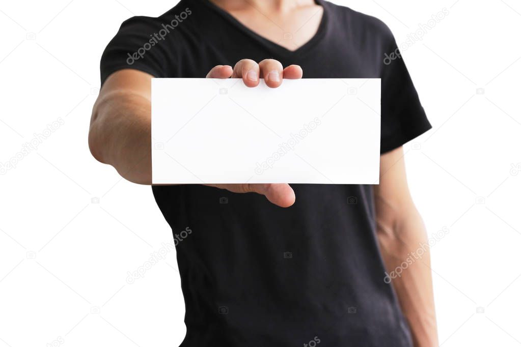 Man showing blank white flyer brochure booklet. Leaflet presenta