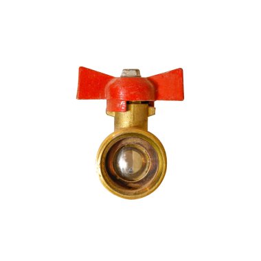 Küresel Vana. Kırmızı saplı gaz vanası. Üzerinde beyaz bir backg izole