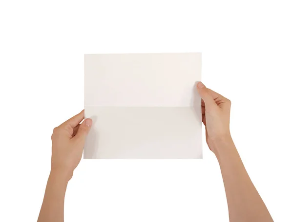 Man showing blank white big A2 paper. Leaflet presentation