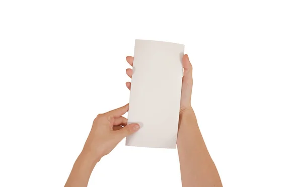 Hands holding blank white brochure booklet in the hand. Leaflet — Stock Photo, Image