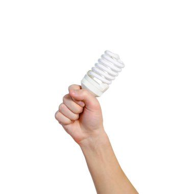 Enerji tasarruflu lamba tutan adamın el closeup. Geri dönüşüm, YYK