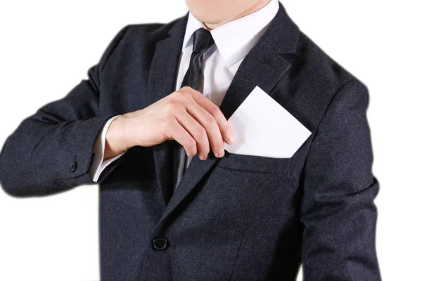 Businessman putting paper in suit pocket closeup. Showing blank — Stock Photo, Image