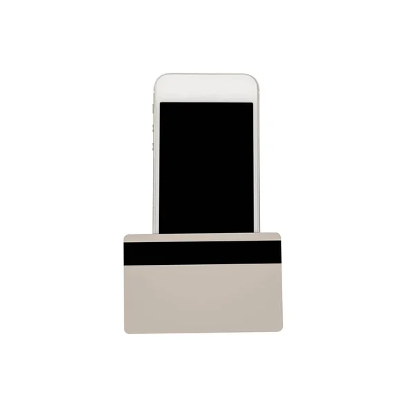 Fechar o smartphone branco com tela preta em branco e um crédito — Fotografia de Stock