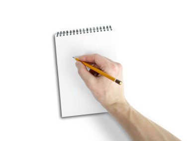 Sağ el üstünde defter beyaz arka plan ile yazma. Üstten Görünüm o