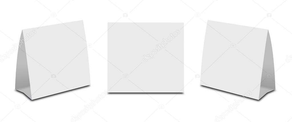 Blank White Table Tent on white. Paper vertical cards isolated o