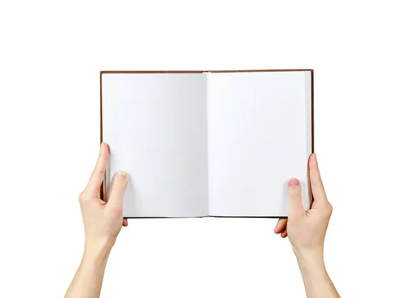 Översiktsbild av händer som håller en tom bok redo med kopia spac — Stockfoto