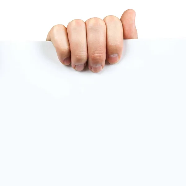 Uomo mano in possesso di carta pubblicitaria vuota su sfondo bianco. Clo — Foto Stock